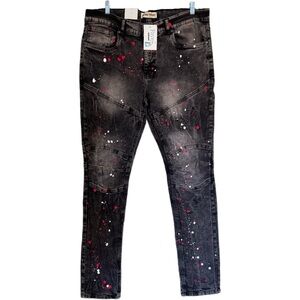 Blind Trust Black Jeans Paint Splatter Slim Fit Red And White 38x34 Hip Hop NEW
